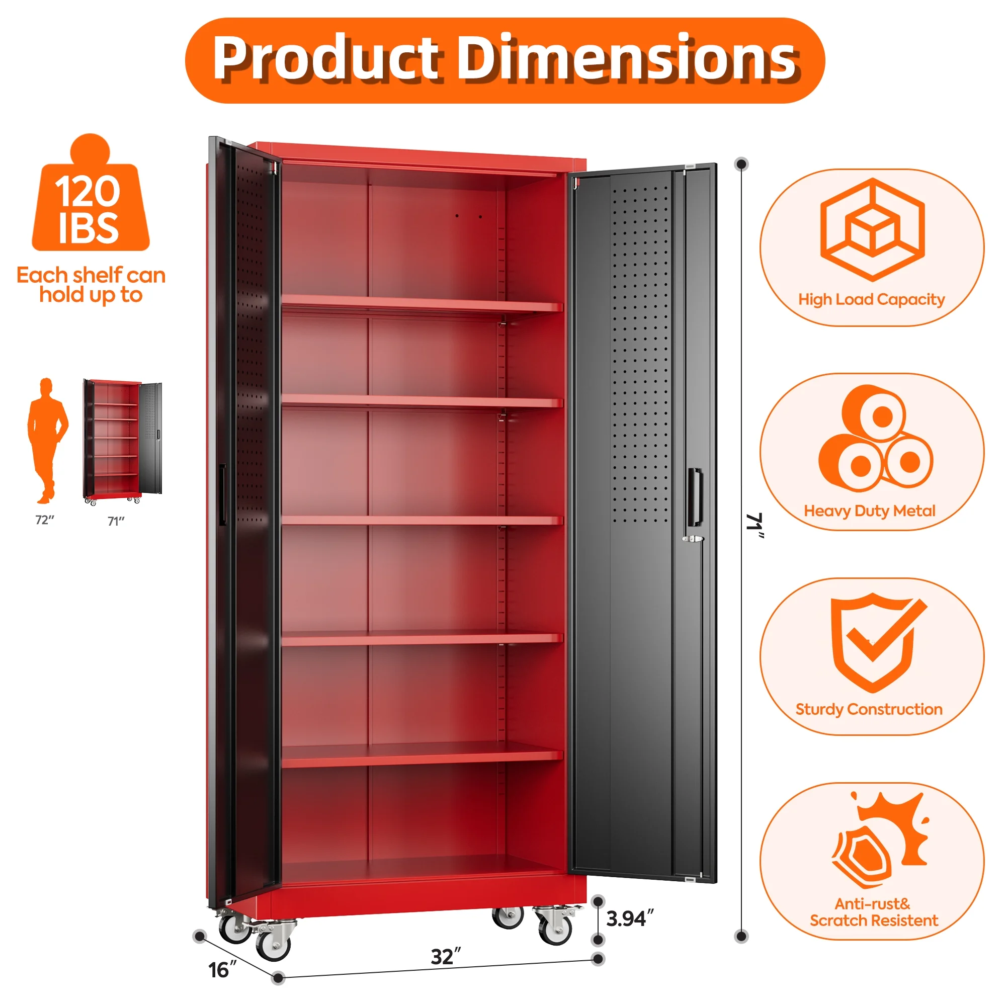 GangMei 71 inches Tall Metal Rolling Garage Storage Cabinets with Locking Doors and 5 Adjustable Shelves, Metal Storage Cabinet for Garage, Office, Home, Classroom, Assemble Required(Black) - Image 24