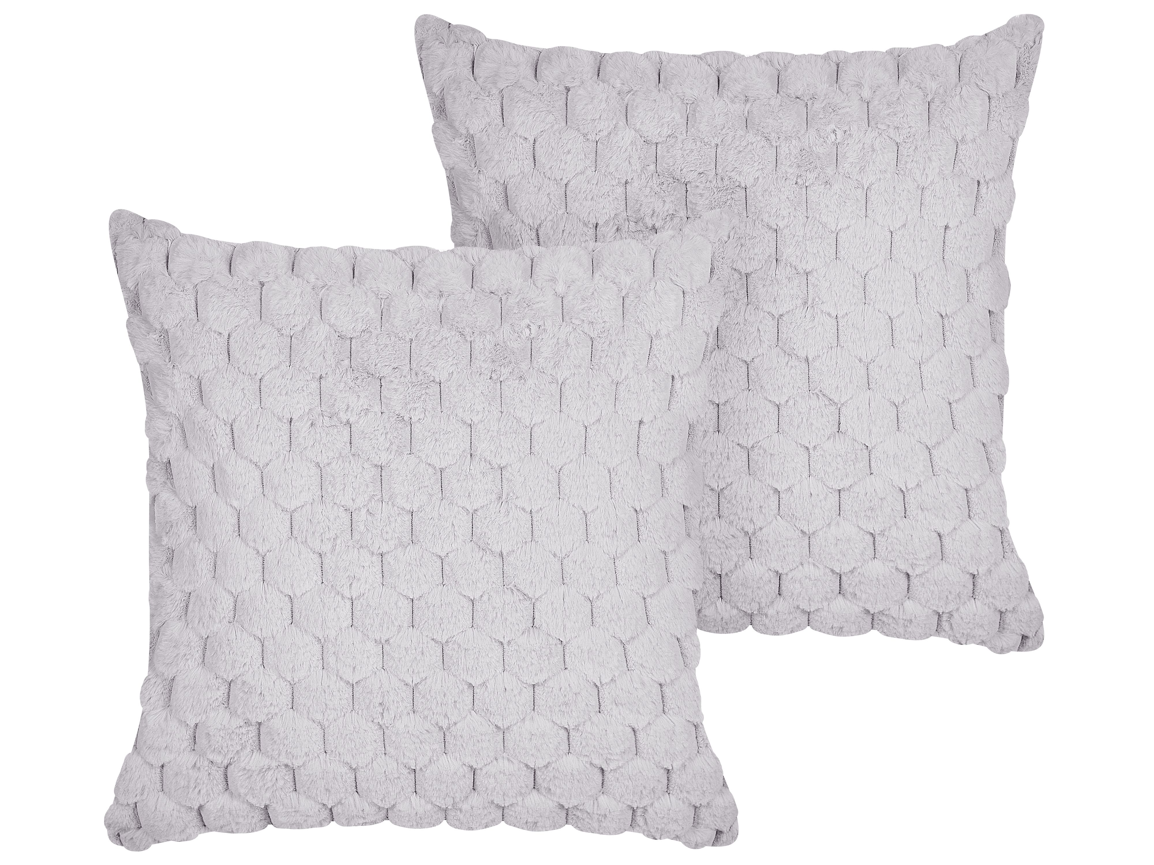 Set of 2 Decorative Cushions PURSLANE Faux Fur 43 x 43 cm Light Grey Geometric Pattern
