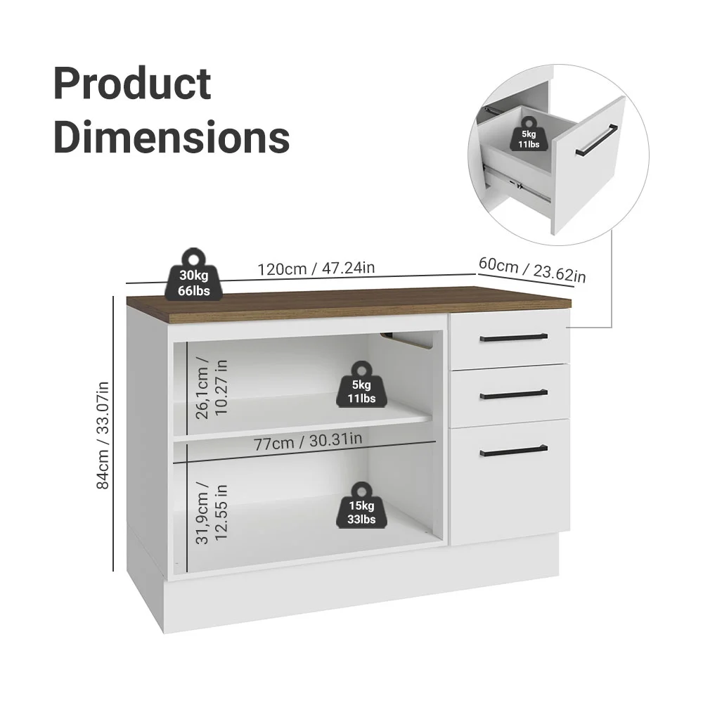 Madesa Hazel Kitchen Storage Buffet Base Cabinet with Adjustable Feet 47 Inch Engineered Wood Slab Doors Painted Finish Floor Mount Removable Plinth - White