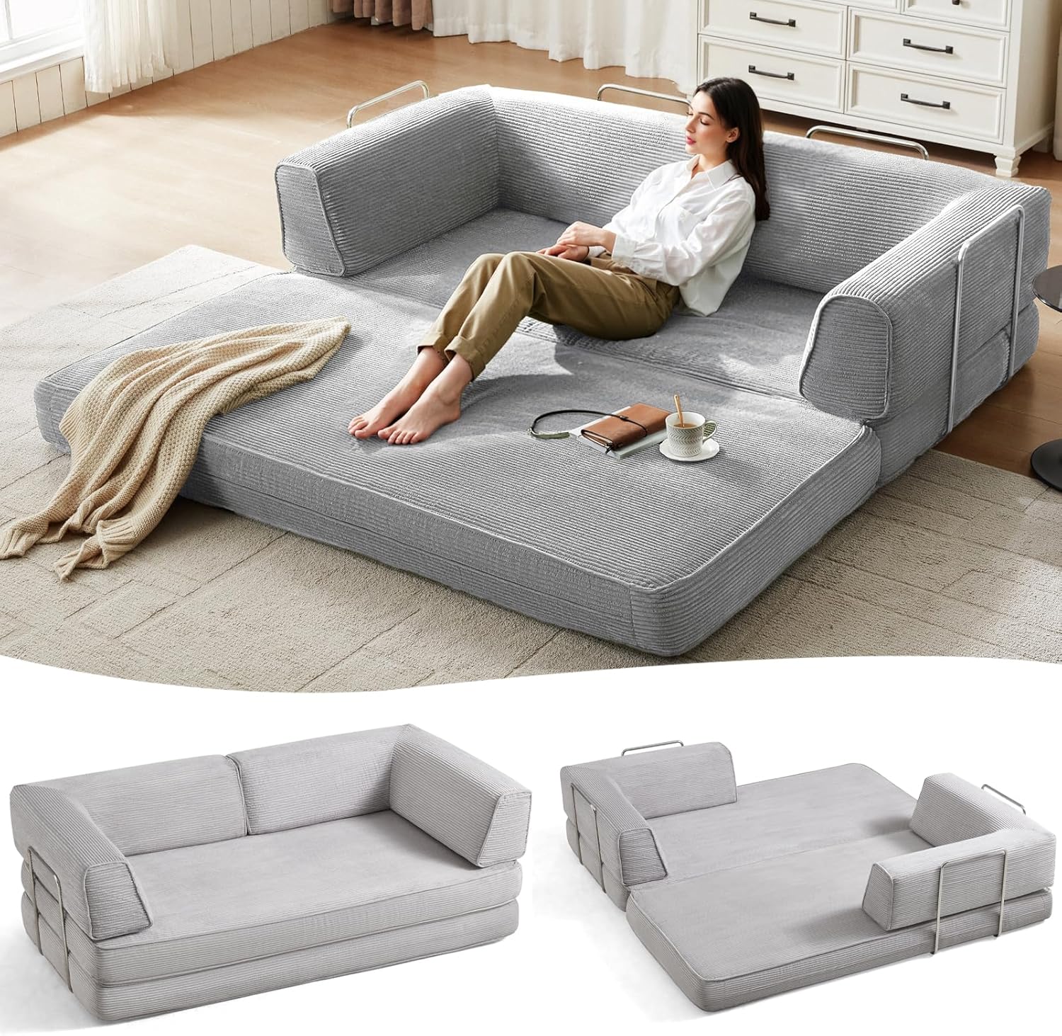 LINSY HOME 79'' Convertible Sofa Bed - Sleeper Sofa Compression Folding Loveseat Sleeper - Foldable Corduroy Couch Bed for Living Room Bedroom - Modular Sectional Compressed Sofa in Box, Grey