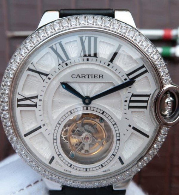 Replica Cartier Ballon Bleu Tourbillon SS Diamond Bezel Black Leather Strap - Top club