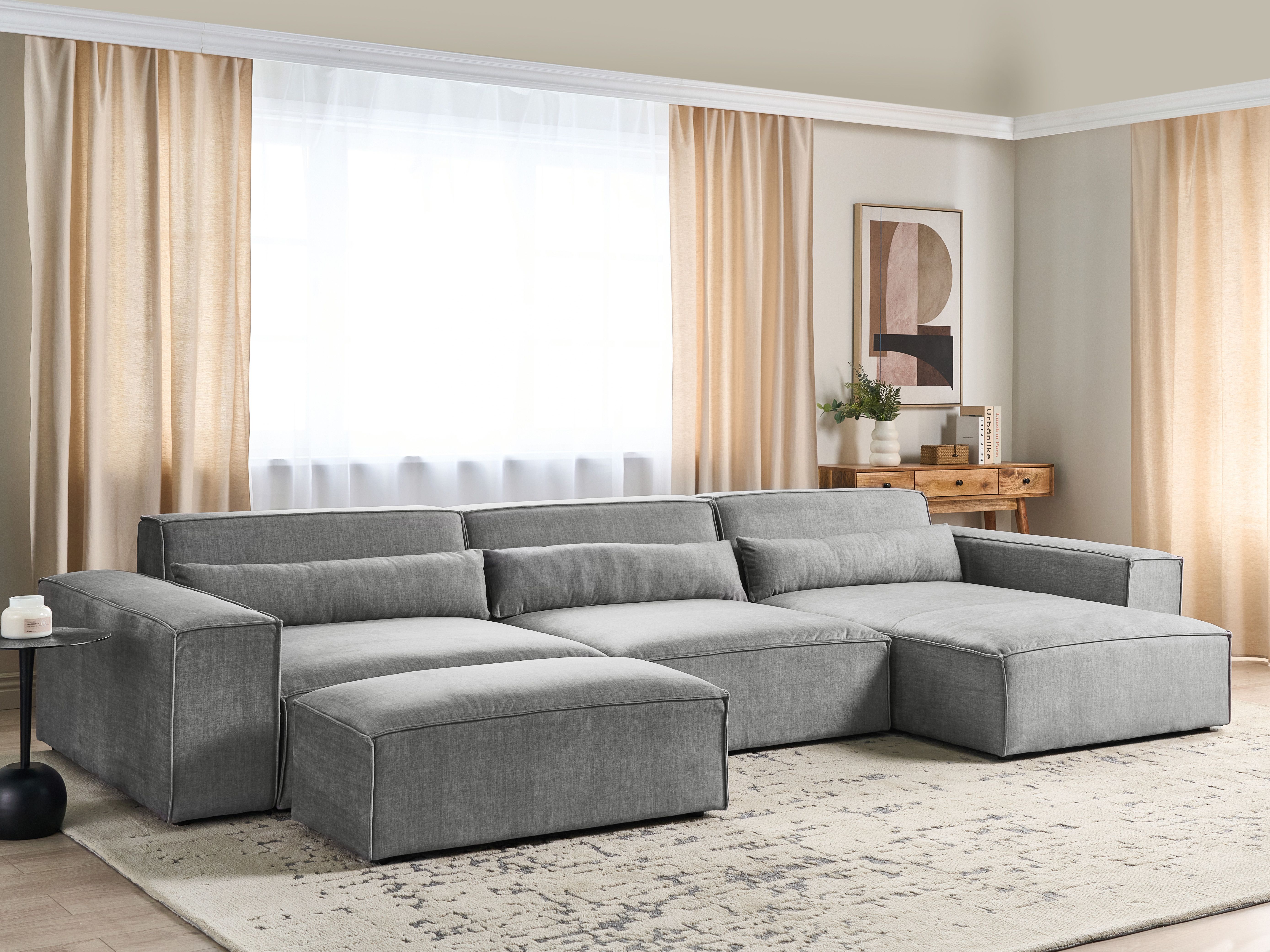 Modular Corner Sofa 5 Seater HELLNAR Fabric Grey with Ottoman Left Hand
