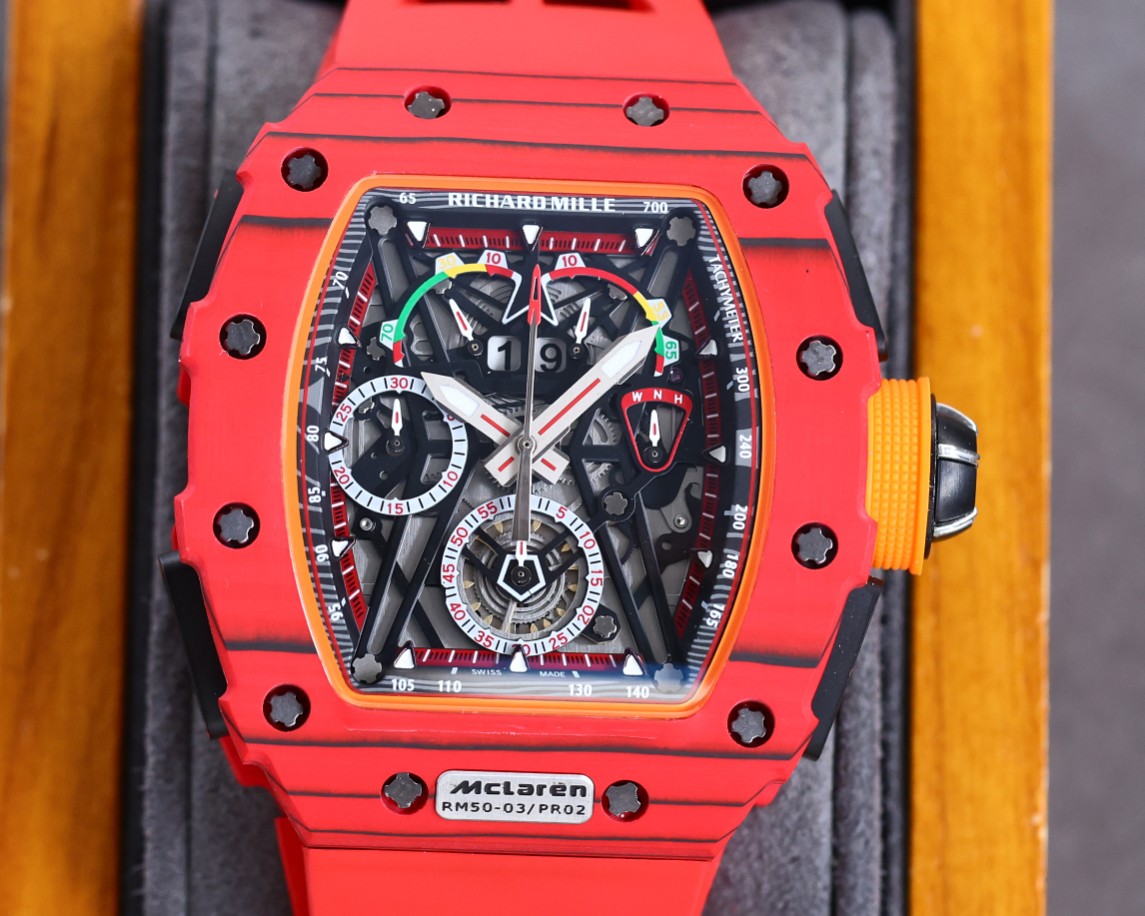 Best Richard Mille RM 50-03 Mclaren Replica Red Strap Watch For Men �C Red Carbon Skeleton Dial with Swiss Movement - Top club