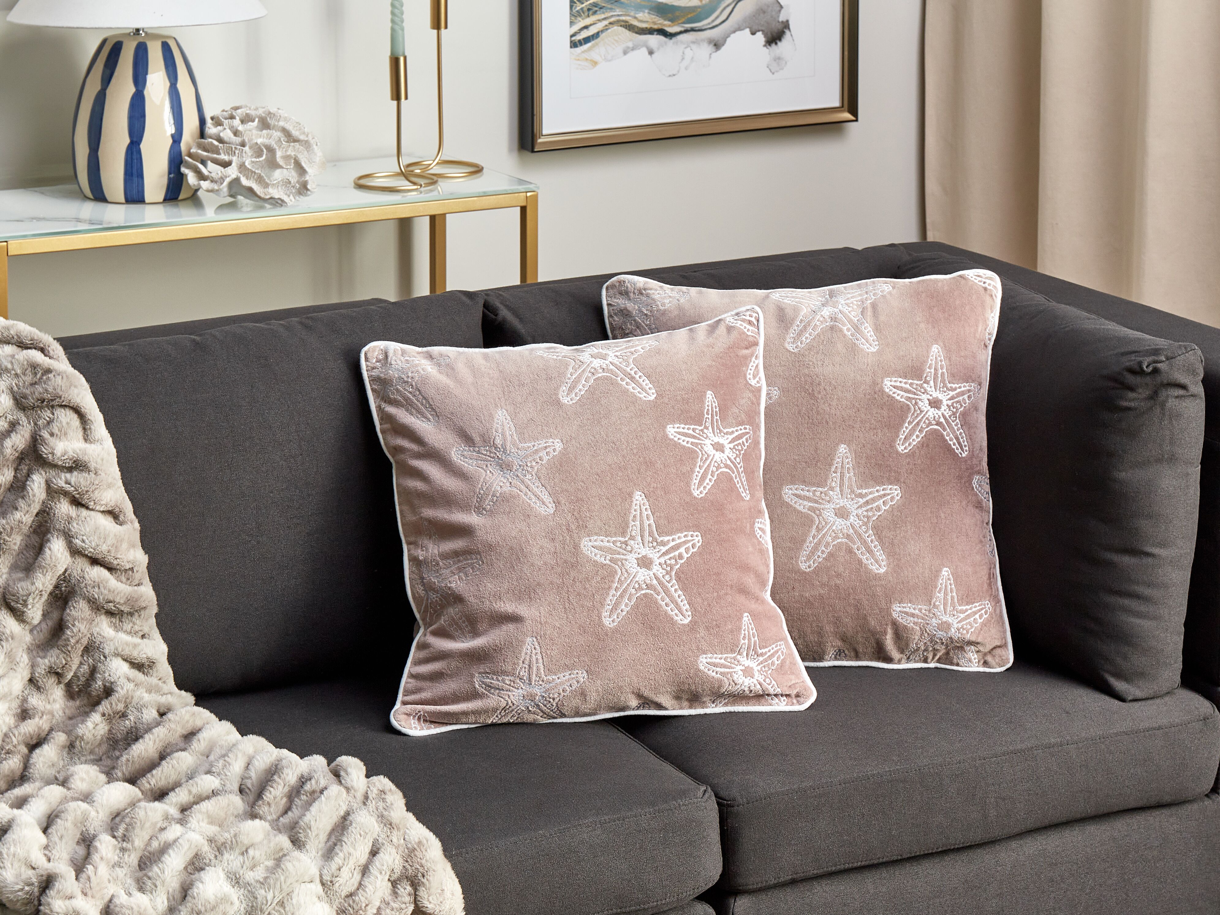 Set of 2 Decorative Cushions CERAMIUM Velvet 45 x 45 cm Pastel Pink Floral Pattern