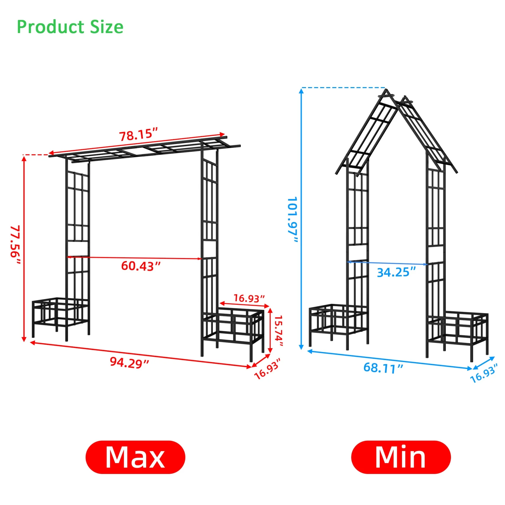 Metal Garden Arch with Plant Box and Adjustable Width, 2 in 1 House Shape Garden Arch Trellis for Climbing Plants Heavy Duty Steel Pergola Arch for Wedding Party Backyard Outdoor (Black)