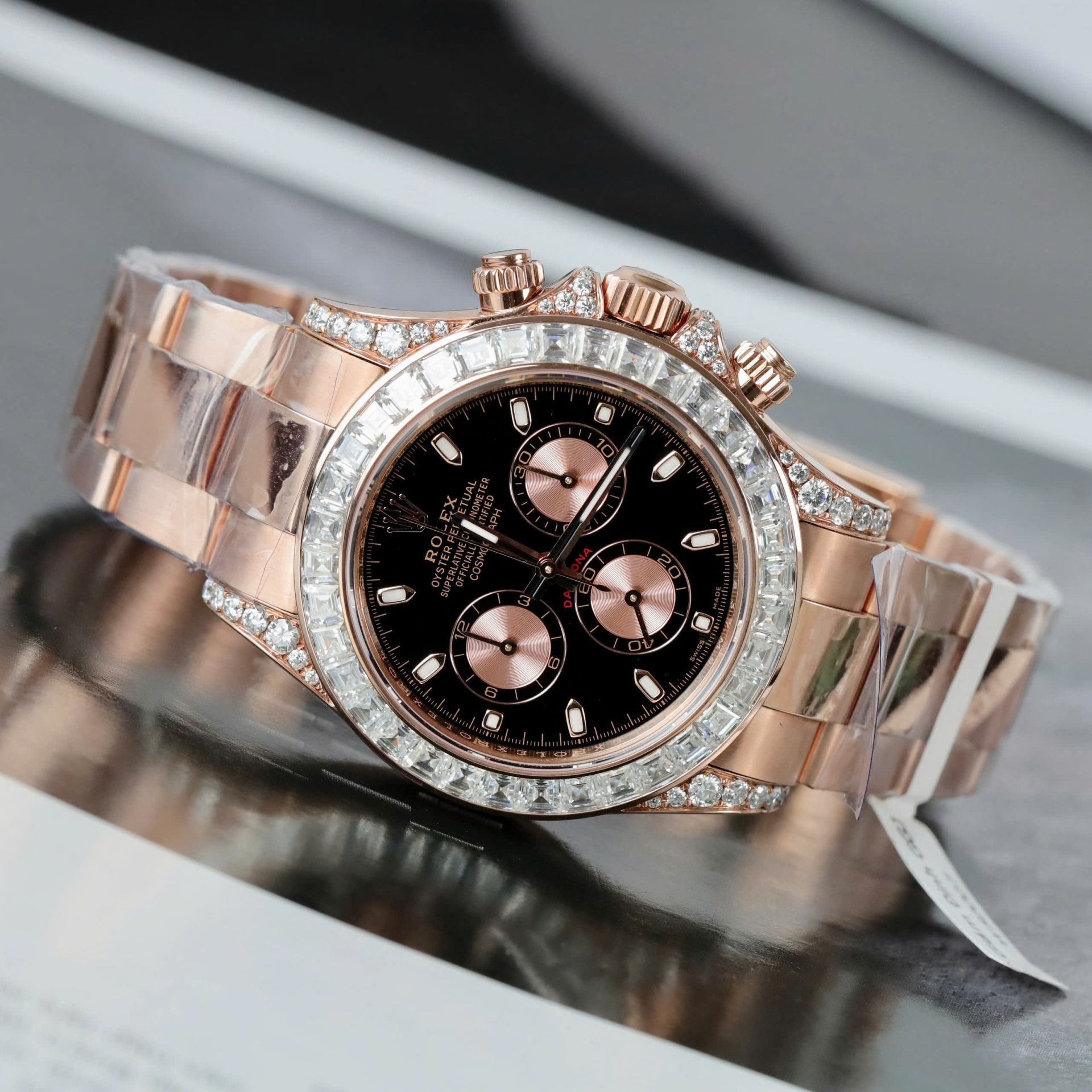Rolex Daytona Dial Black Copies Watches Gold Wrapped + Diamonds Moissanite Baguette 40mm - Elite Watch Atelier