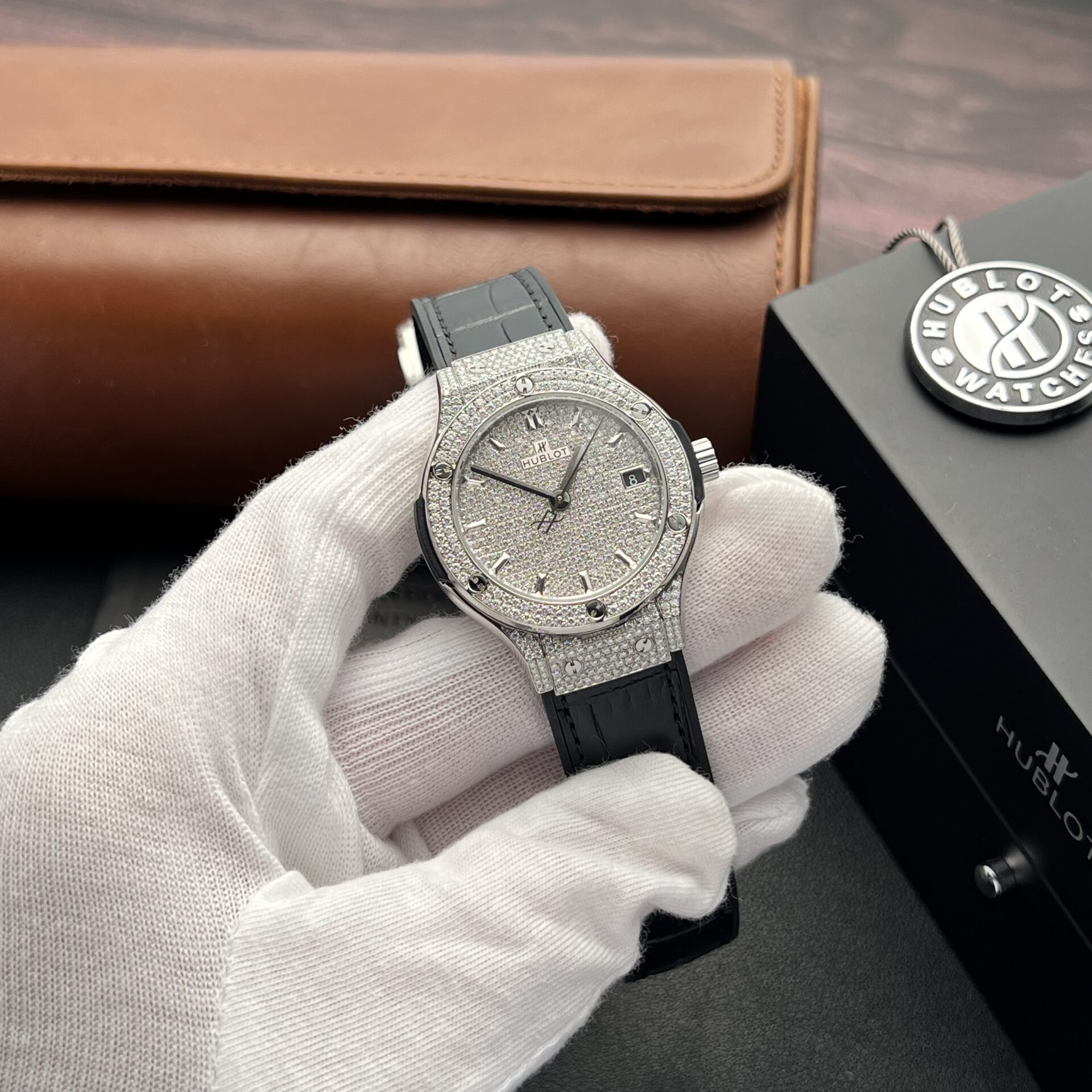 Hublot Replica Watch Classic Fusion Full Diamond Moissanite Black 38mm - Elite Watch Atelier