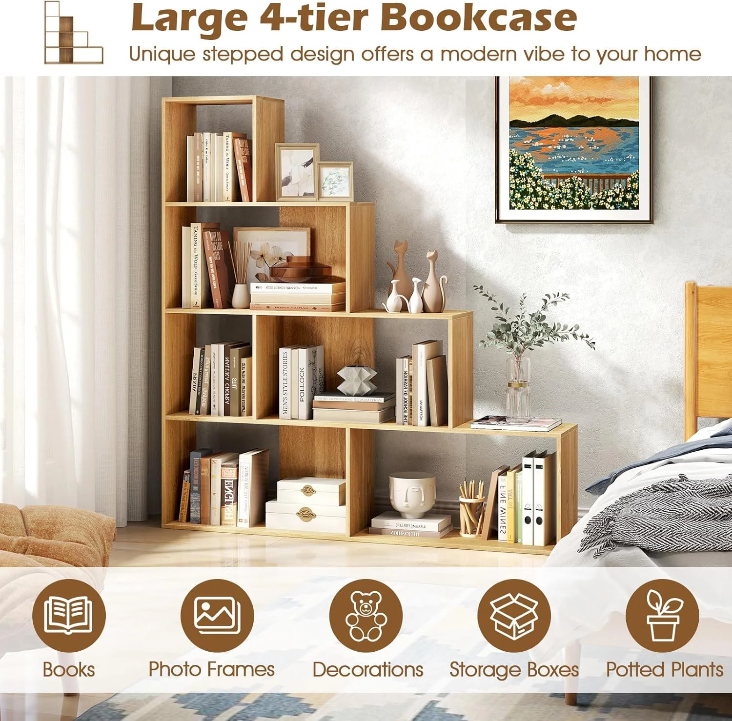 JTYUB 4-Tier Stepped Bookshelf, Freestanding 6 Cubes Ladder Bookcase with Anti-Tipping Kits, 64" Tall Modern Wooden Storage Display Rack for Home Office Living Room Study ,1 PCS,Natural - Image 9