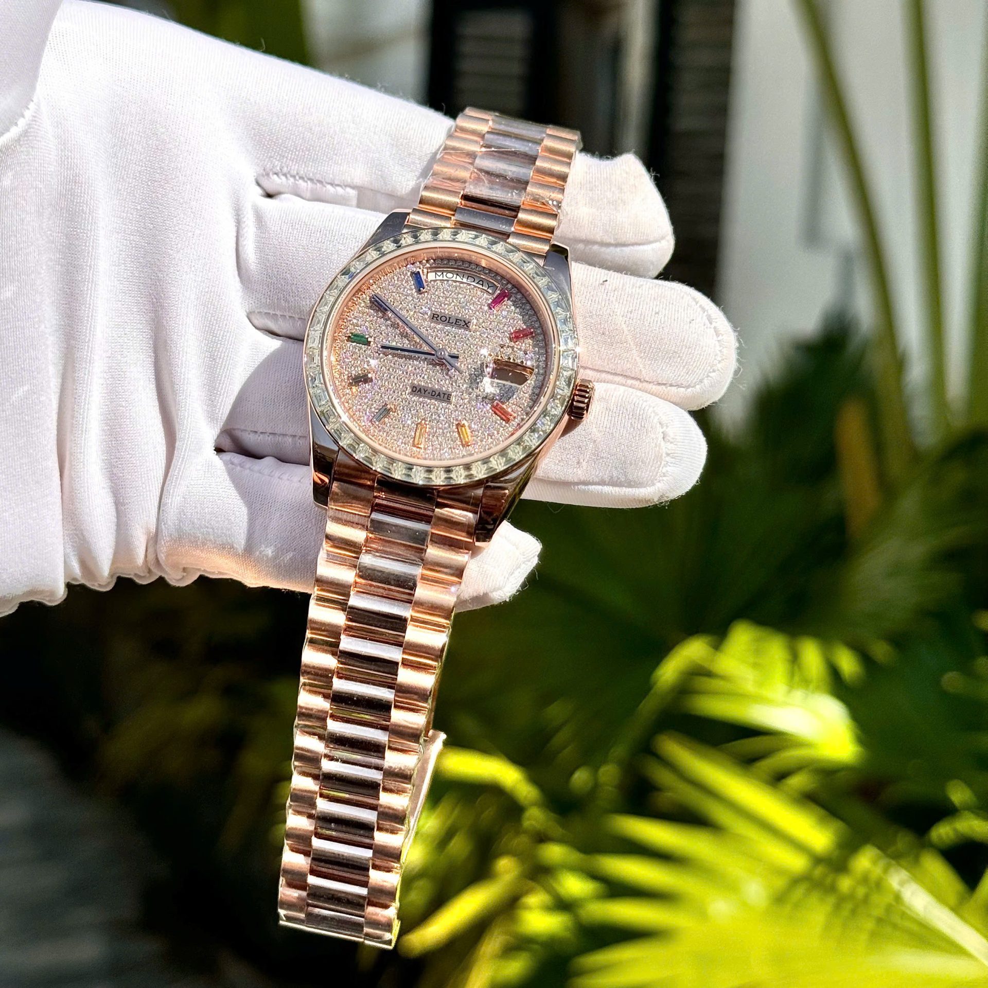 Rolex Day-Date Replica Watch Gold Wrapped End Moissanite Diamonds Baguette Custom 40mm - Top club