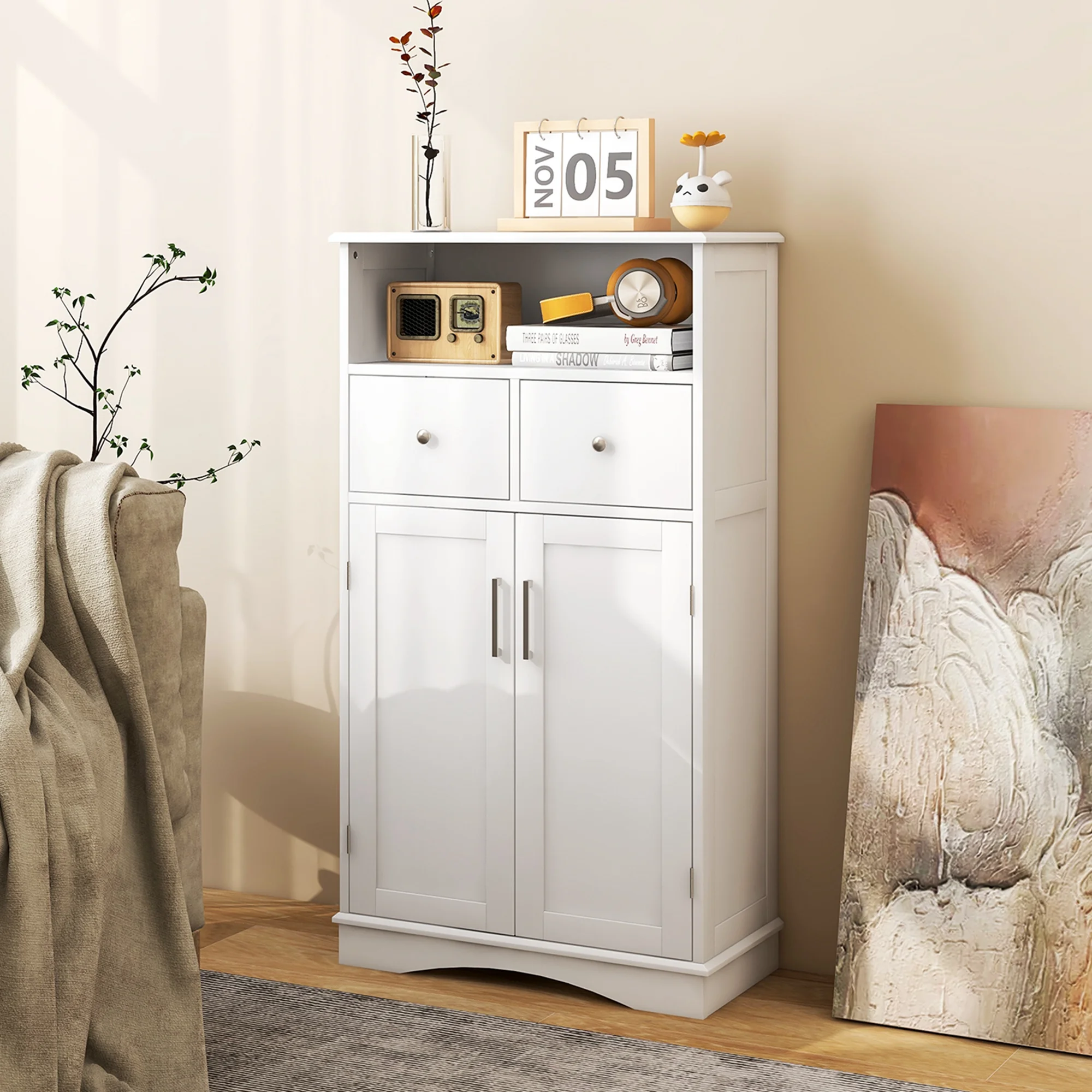 Costway Bathroom Floor Cabinet Freestanding Storage Cabinet with 2 Doors White