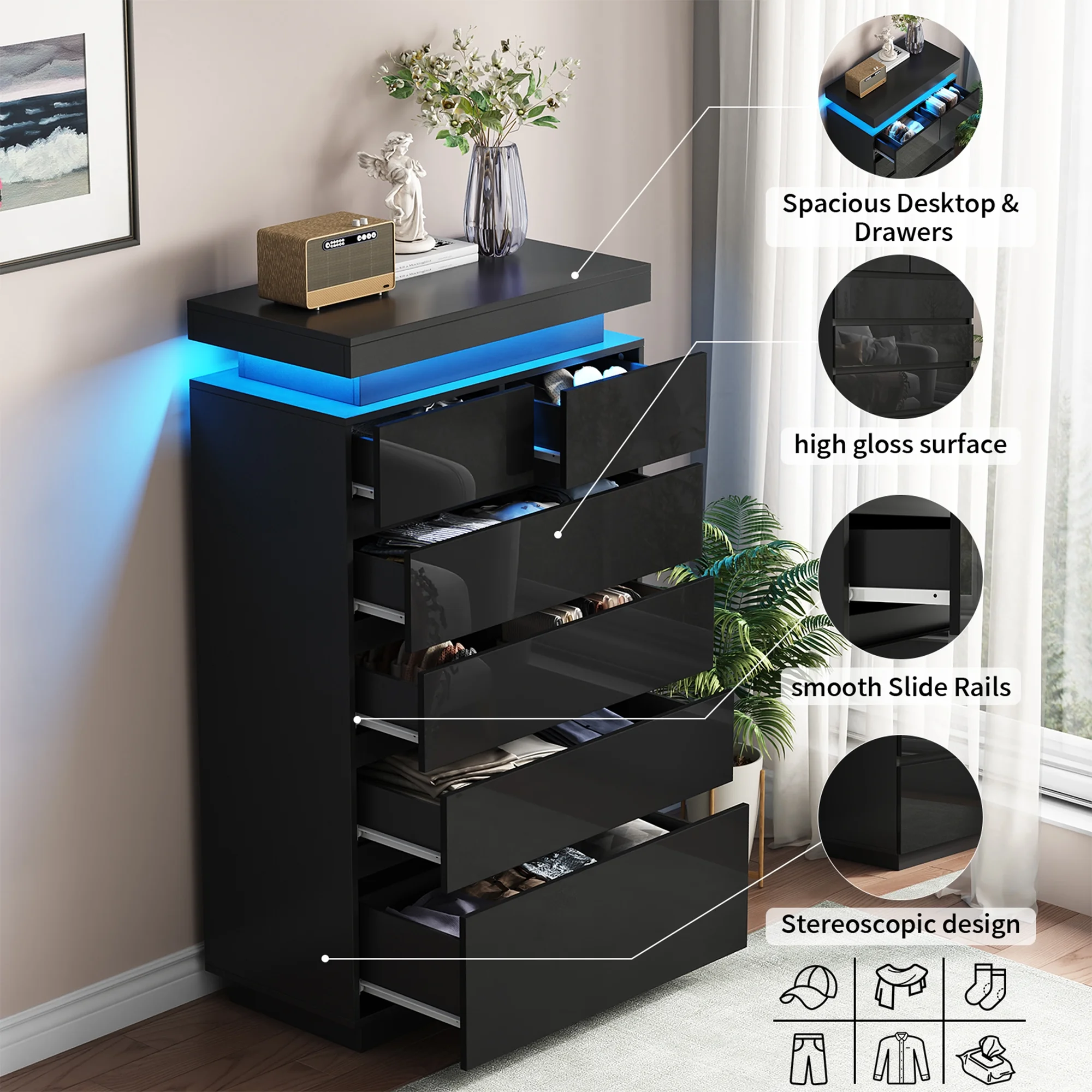 NEGYLIM 6 Drawer White Dresser, High Gloss Dresser with LED Light for Bedroom, Living Room, Hallway, Easy Assembly - Image 18