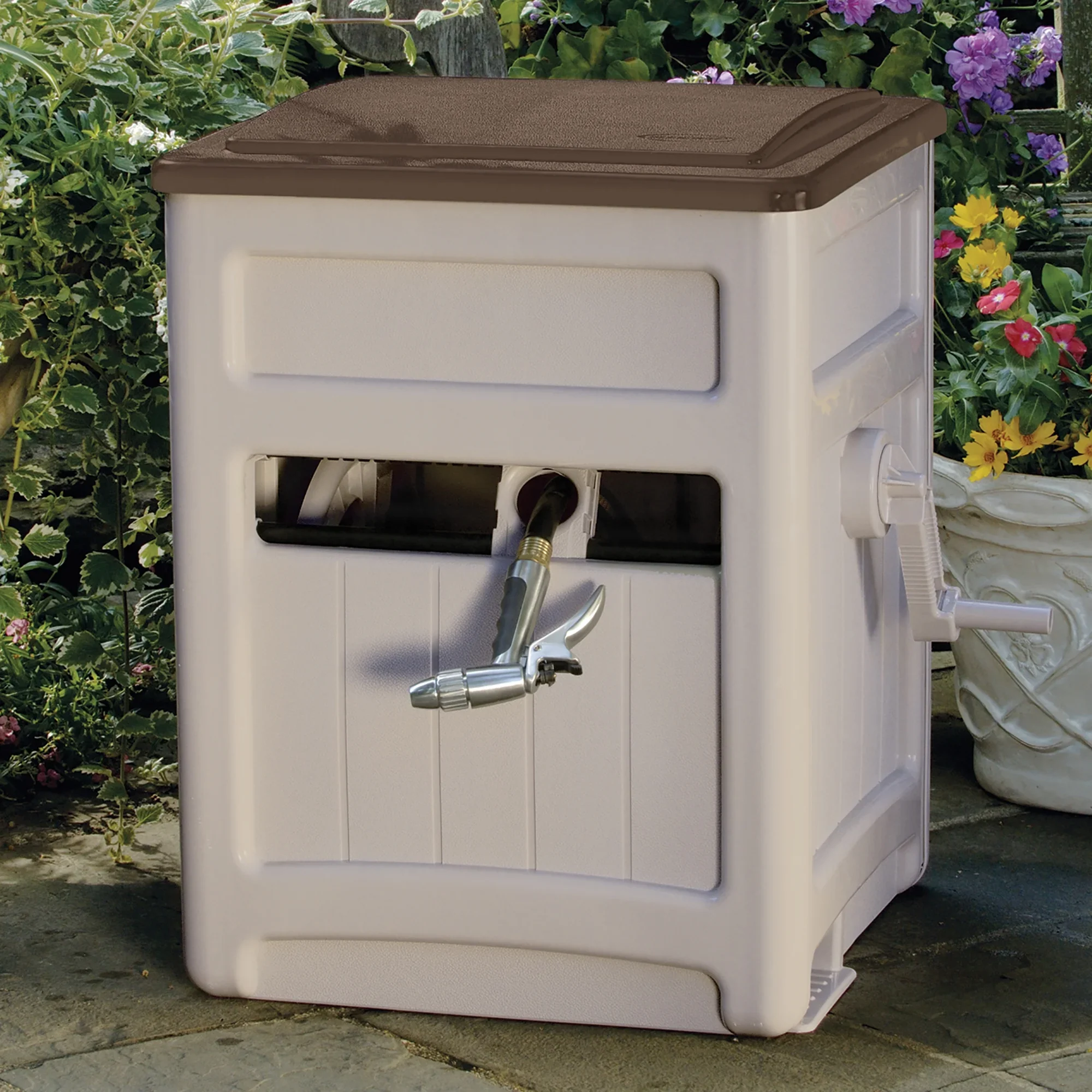 Suncast Smart Trak Hideaway Outdoor Garden Hose Reel With Storage Bin, Taupe - 225' - Image 2 Suncast Smart Trak Hideaway Outdoor Garden Hose Reel With Storage Bin, Taupe - 225' - Image 2