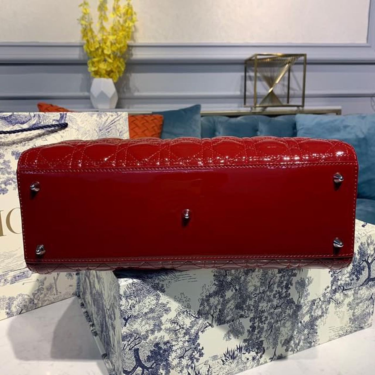 Christian Dior Large Lady Dior Bag Silver Hardware Cherry Red Patent For Women 12.5in/32cm CD1:1High-quality replica