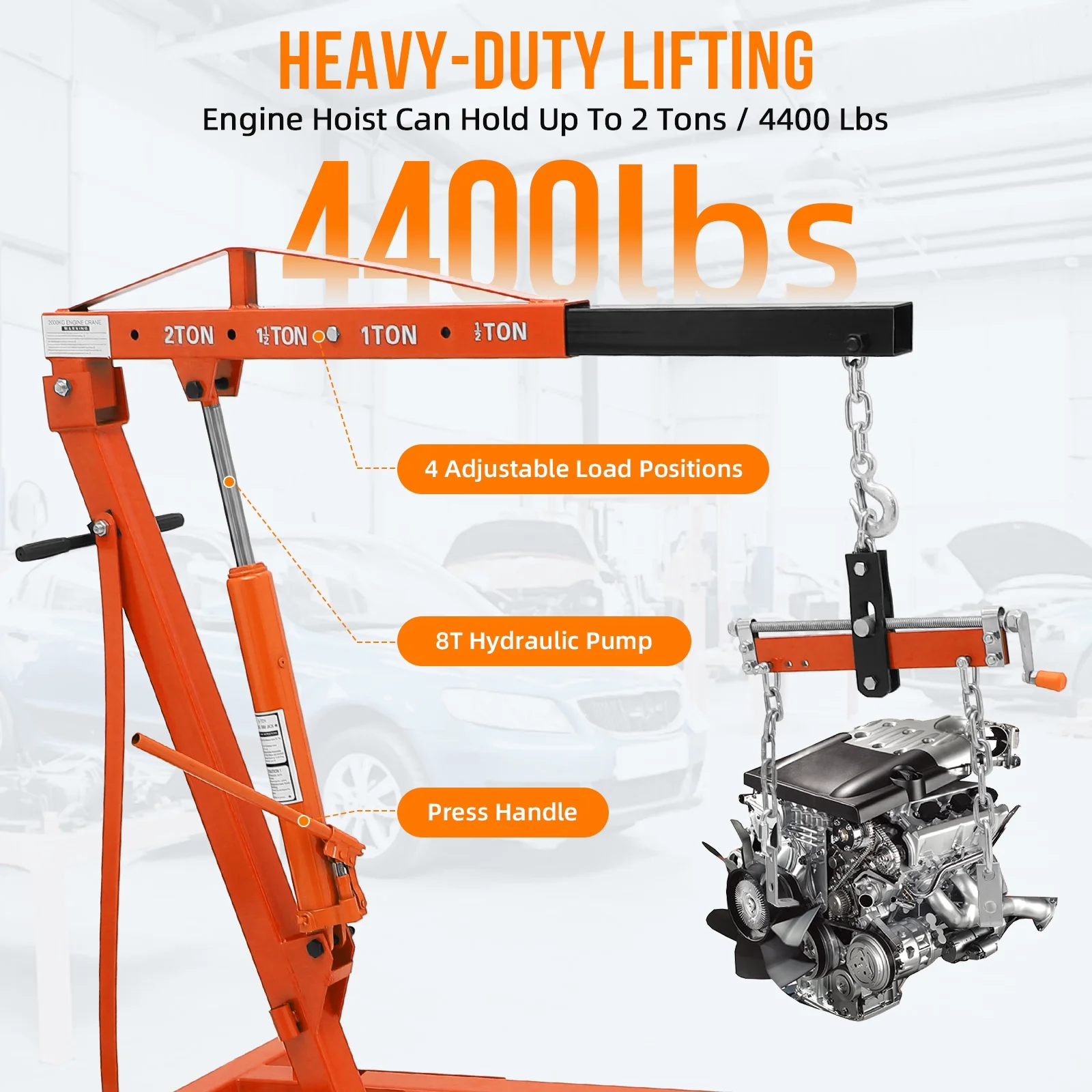 JoanKaren Hydraulic Engine Hoist,4400lbs Max Weight,Folding Engine Lift Shop Crane with Lever and 6 Steel Caster Wheels,Yellow - Image 12