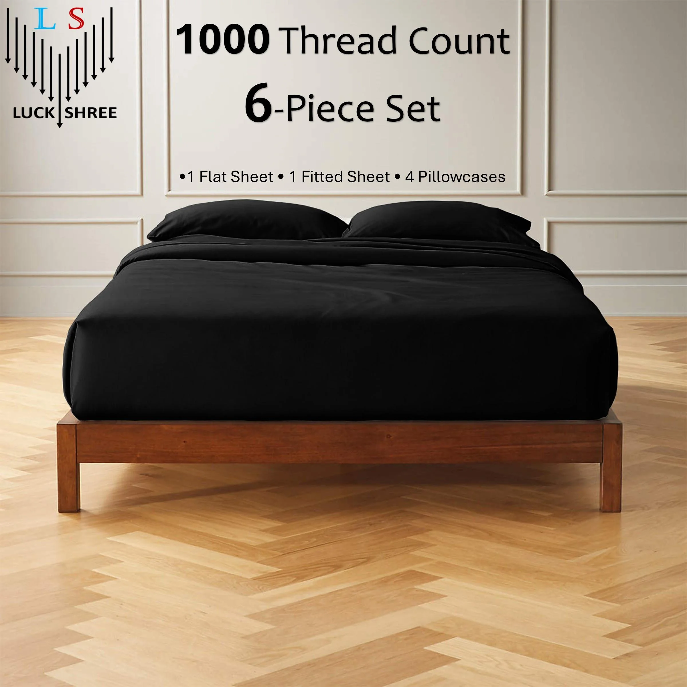 24-INCH EXTRA DEEP POCKETS -King Organic 1000-TC Cotton 6-PC Sheet Set with 4 Pillowcases - Black