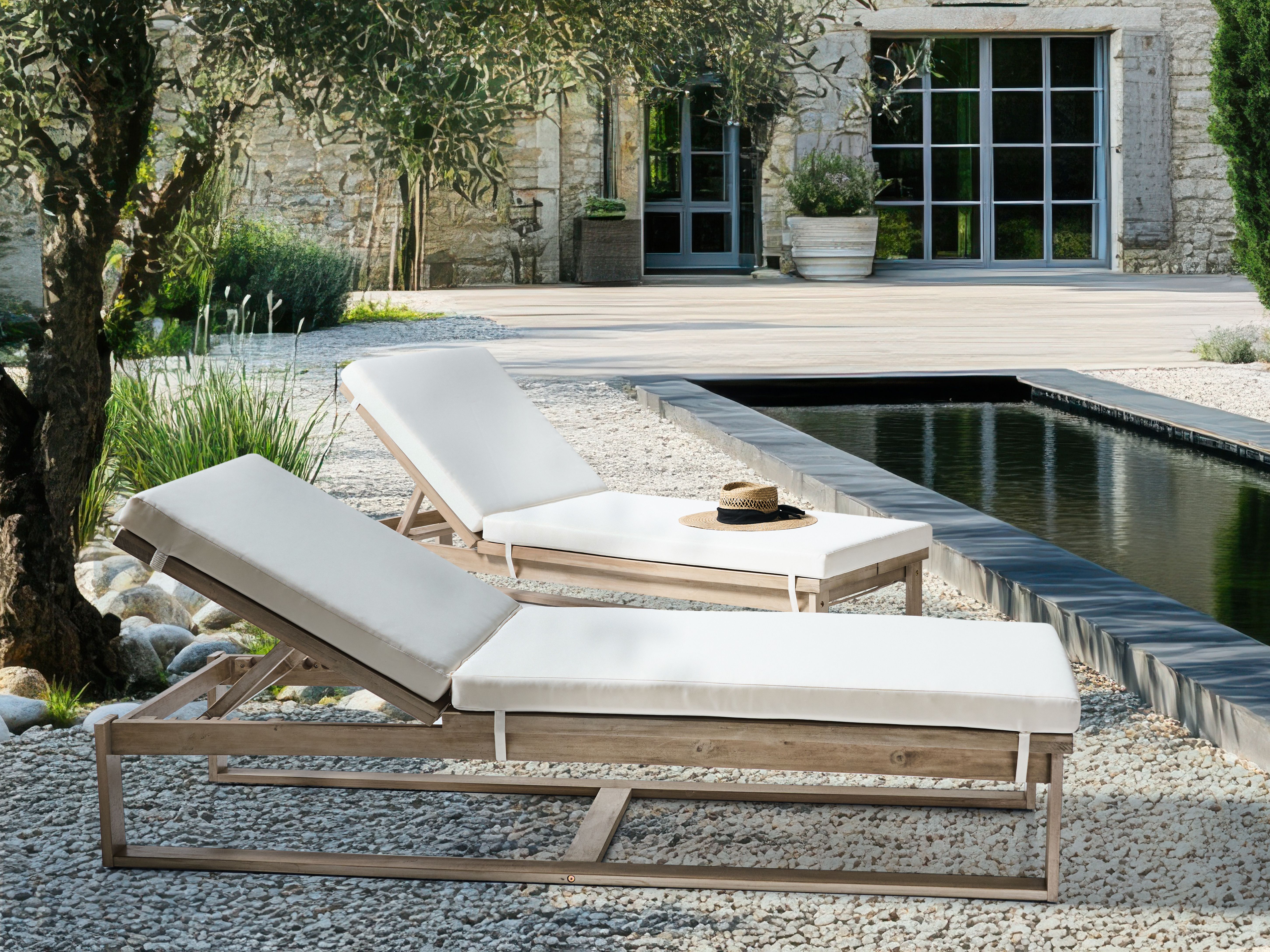 Sun Lounger with Cushion AZZANELLO Acacia Wood Off-White