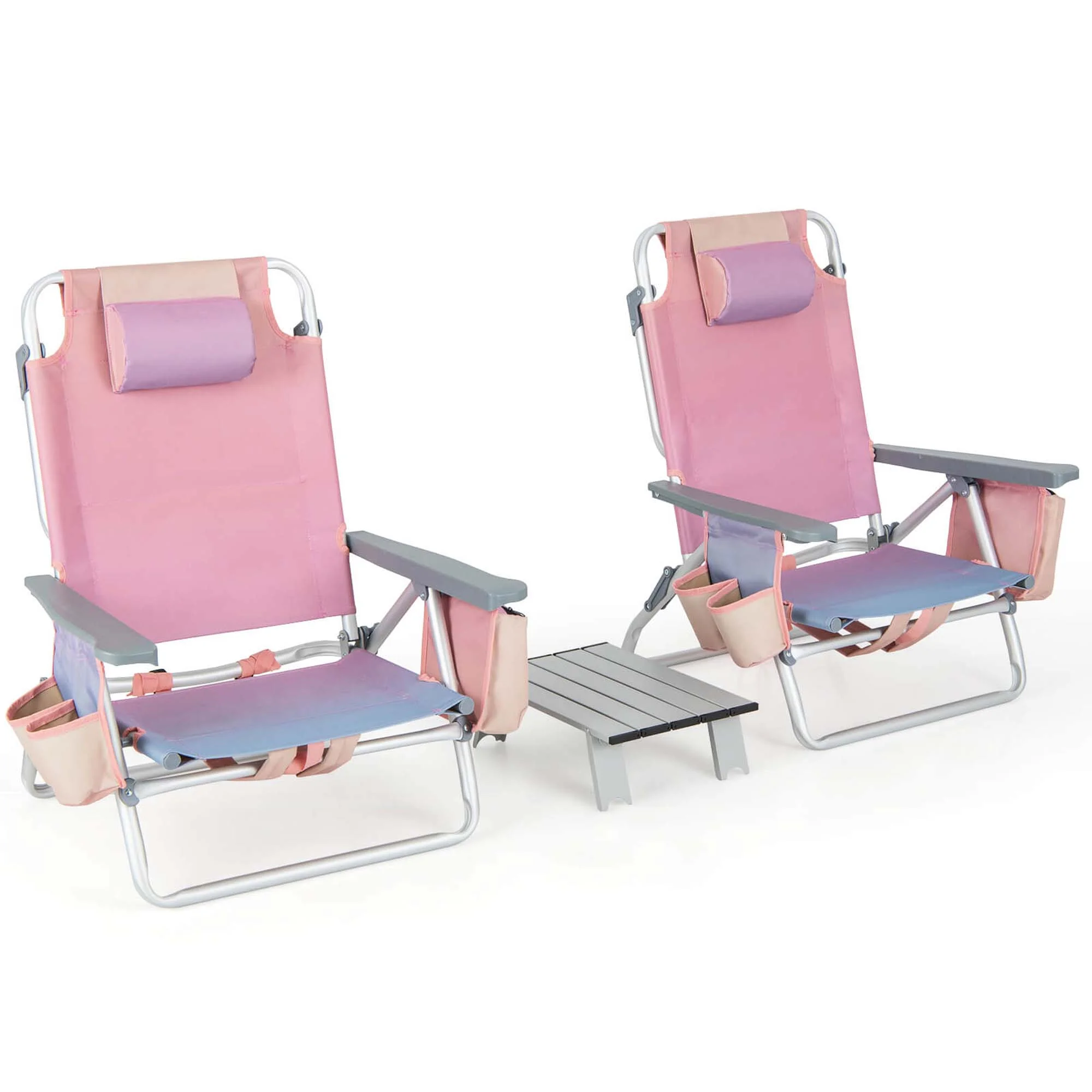 Costway 2-Pack Folding Backpack Beach Chair Table Set 5-Position Outdoor Reclining Chair Pink - Image 15