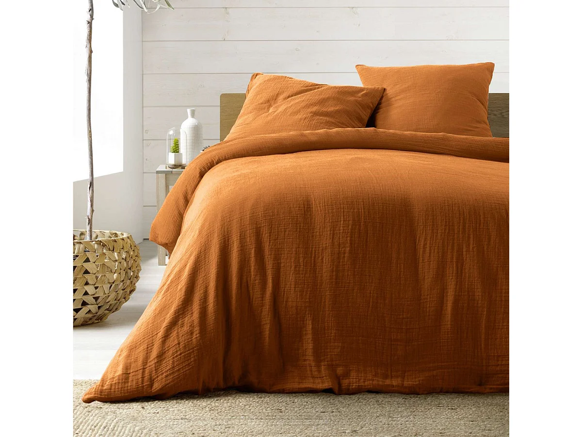 Parure de lit 240x220 double gaze de coton orange Douceur d'Intérieur Angelia