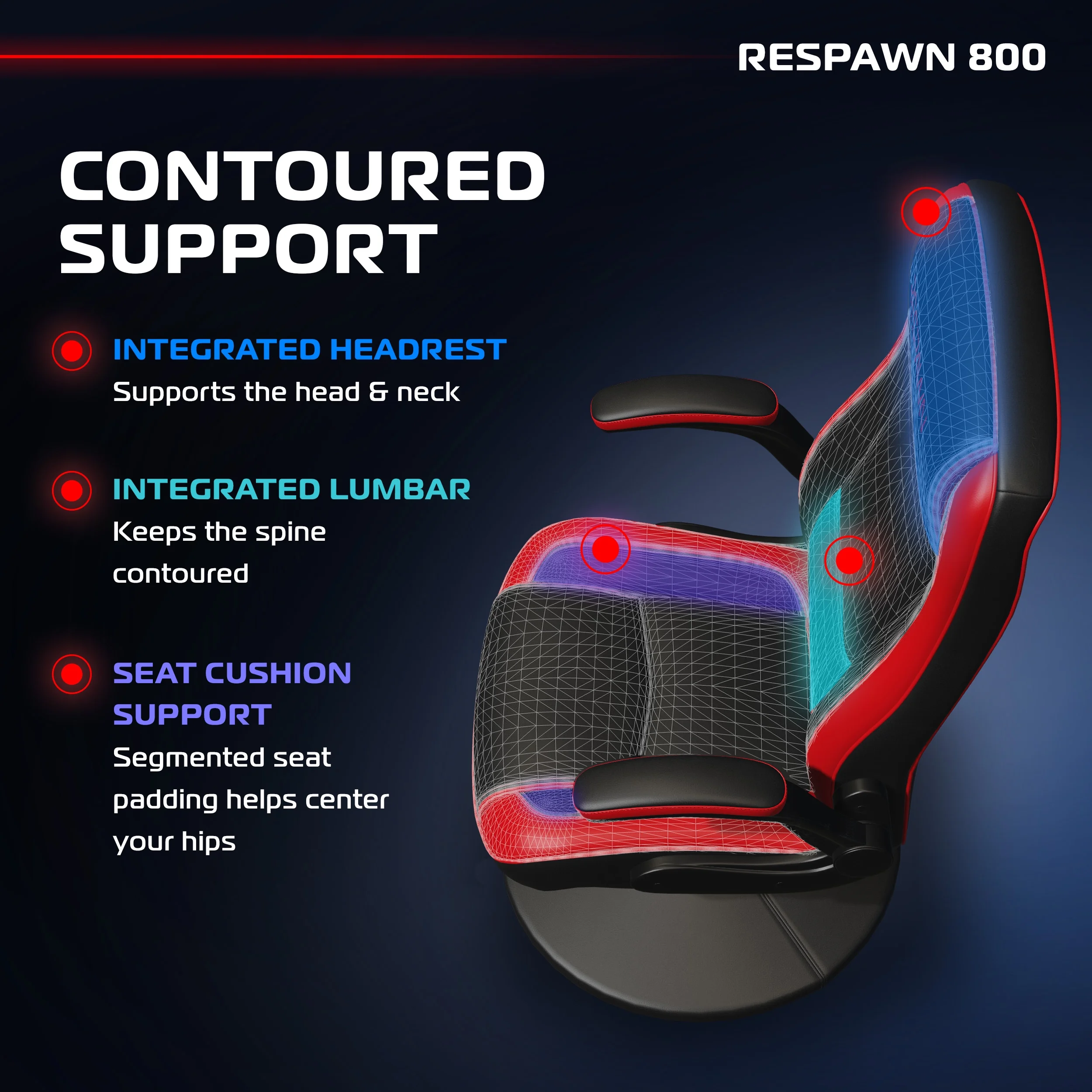 RESPAWN 800 Swivel Rocker Gaming Chair - Ergonomic Floor Gaming Seat with Lumbar Support, Flip Up Armrest, High Back, Pedestal Base, Comfortable No Wheels Console Video Game Rocker Chair - Red - Image 15
