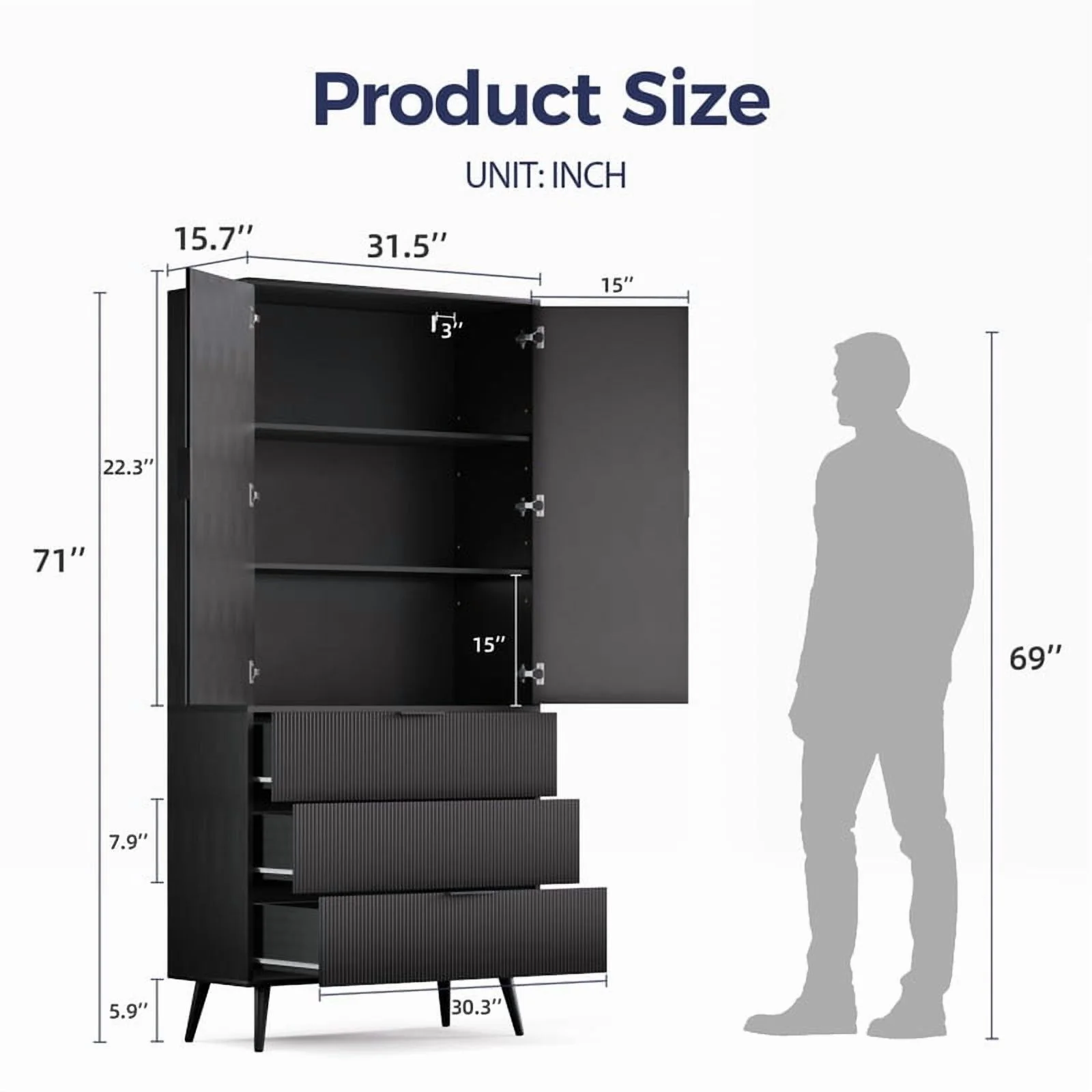 TOPCOMFY Modern Pantry Cabinet with 3 Drawers 2 Doors, Kitchen Storage Cupboard for Organization with Adjustable Shelves & Fluted Panel Design-Black