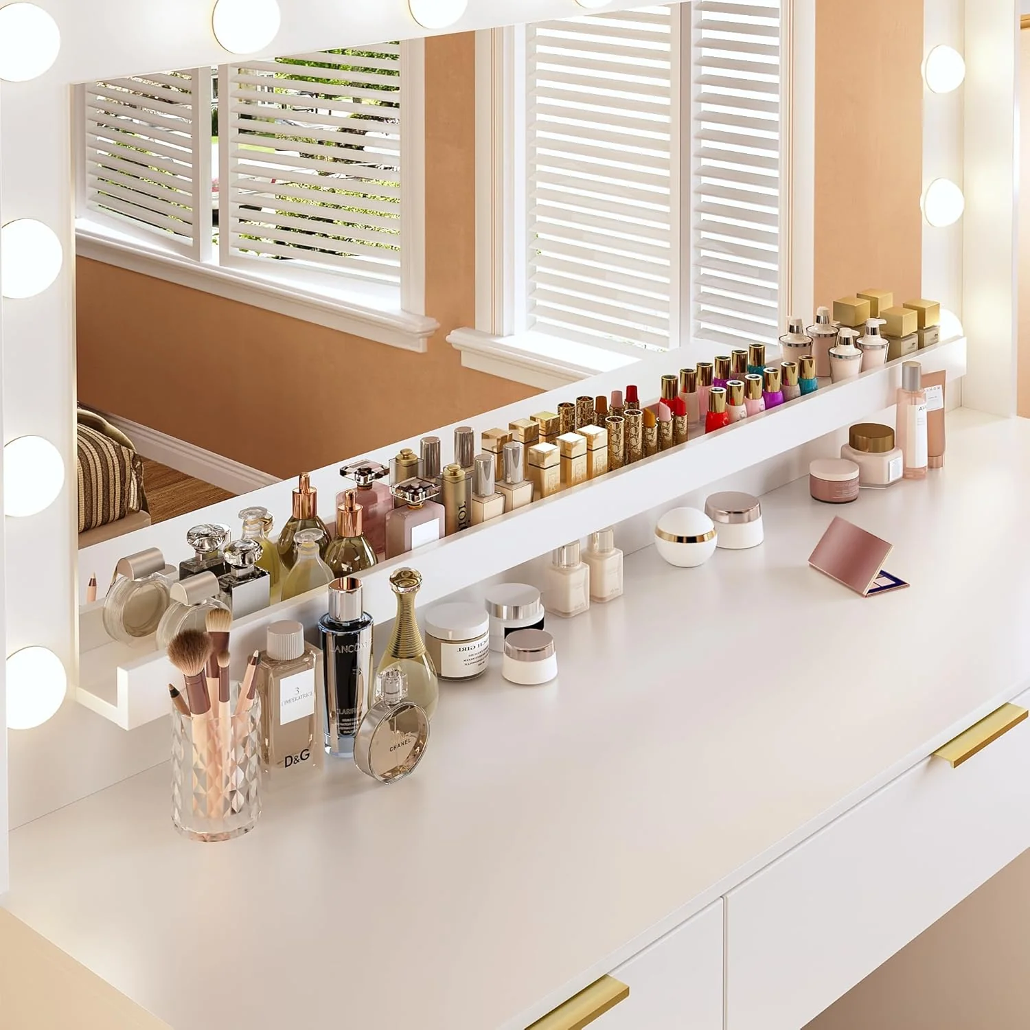 Fixwal 45.3" White Makeup Vanity Table with 9 Drawers, LED Lighted Mirror & Power Outlet - Image 6 Fixwal 45.3" White Makeup Vanity Table with 9 Drawers, LED Lighted Mirror & Power Outlet - Image 6