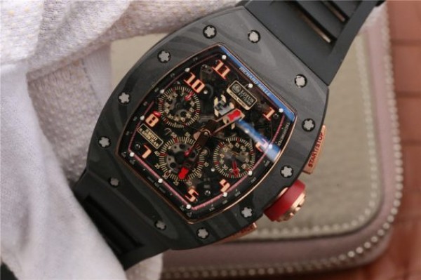 Replica Richard Mille RM011 NTPT Lotus F1 Team RG Chronograph KVF Crystal Skeleton Dial Red Black Rubber Strap A7750 - Elite Watch Atelier