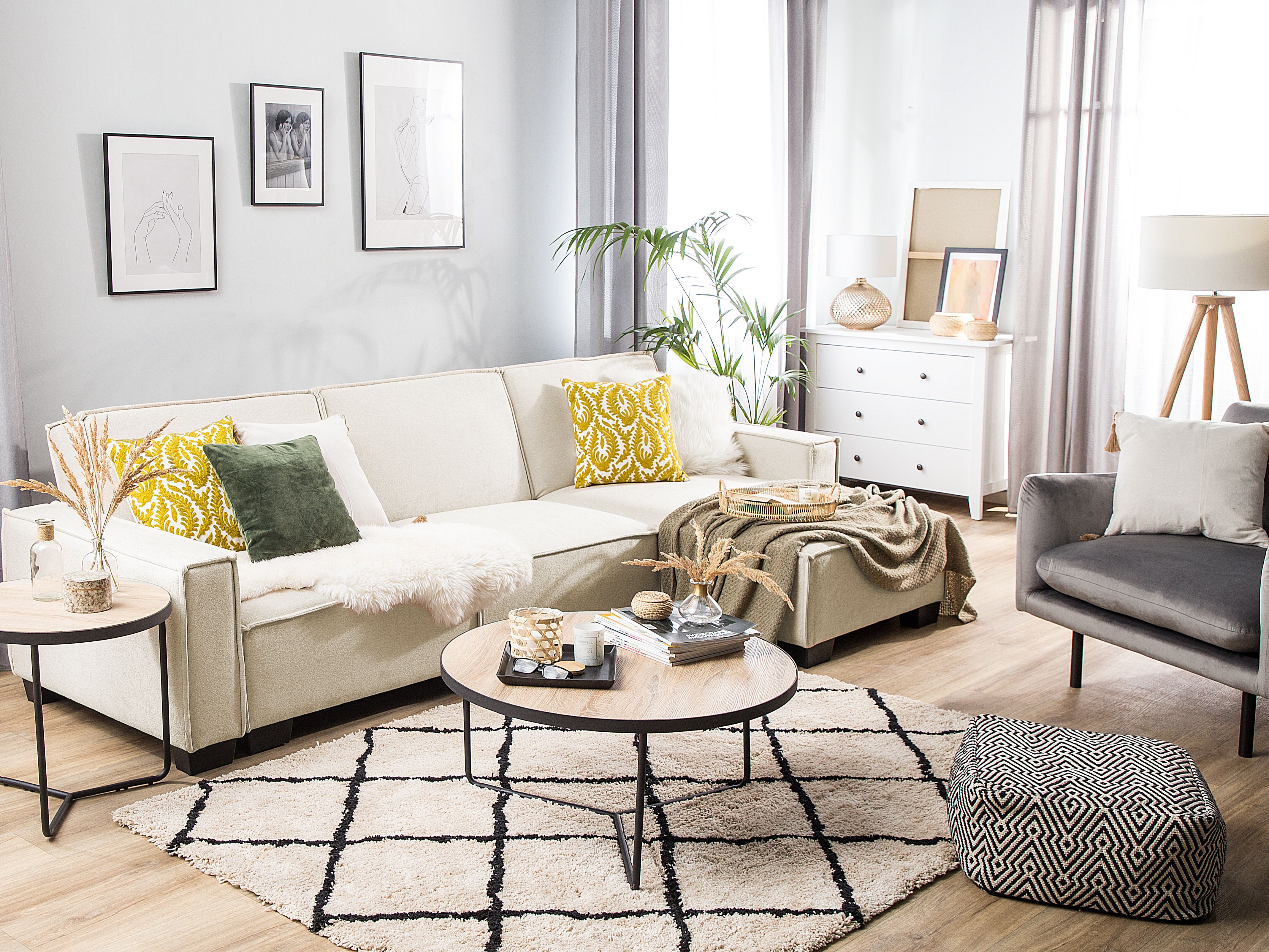 Corner Sofa Bed 3 Seater ROMEDAL Fabric Beige Left Hand