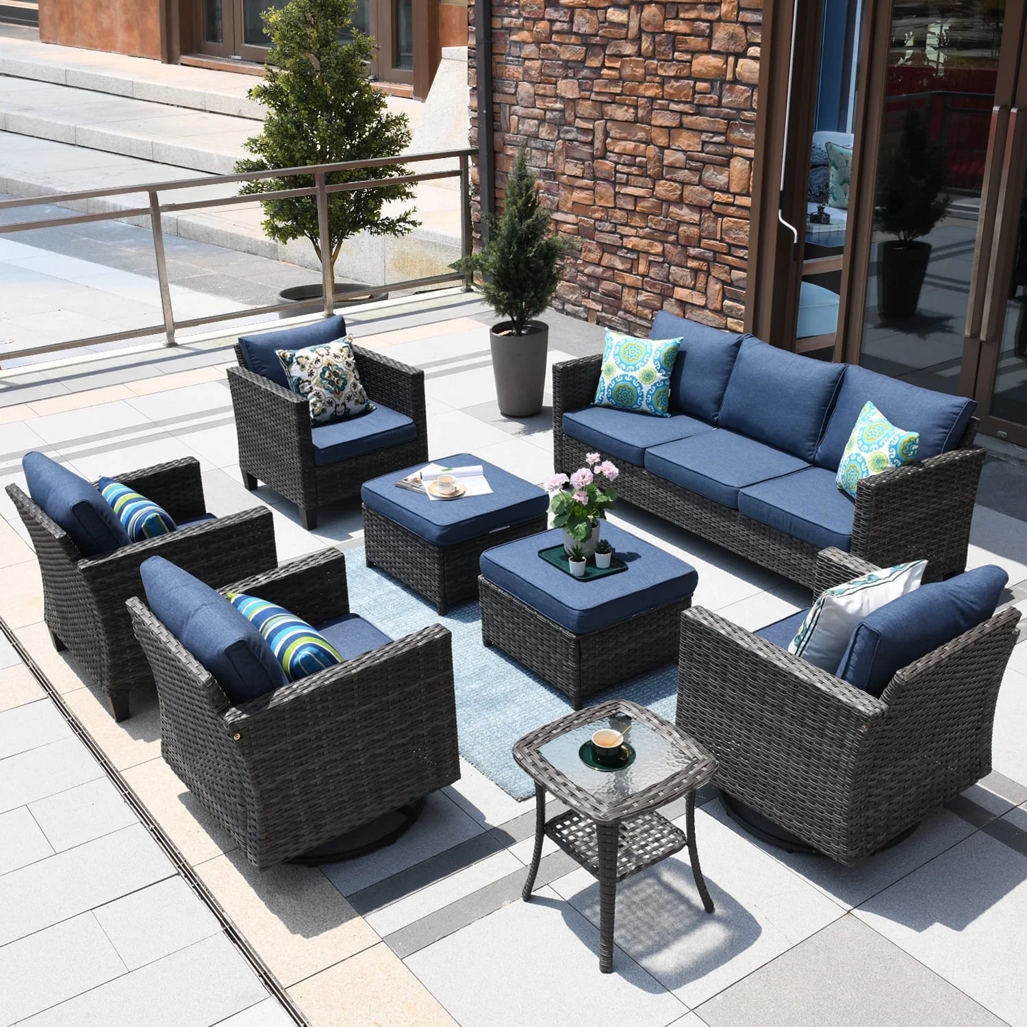 Ovios Patio Furniture Set 8 Pieces All Weather Wicker Conversation Set Outdoor Sectional Couch with Swivel Rocking Chair, Ottomans, Side Table, Denim Blue Cushion
